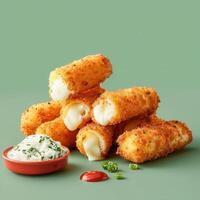 Crispy, golden brown cheese sticks with a creamy, gooey filling served with dipping sauce. Perfect appetizer or snack for a party. photo