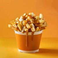 Poutine, Canadian comfort food, French fries topped with cheese curds and gravy, close-up. Delicious and messy poutine served in a paper container on an orange background. photo