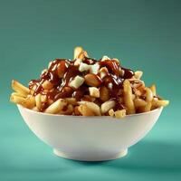 Close-up of a bowl of poutine with fries, gravy, and cheese curds. Canadian dish, fast food, junk food, appetizer. photo