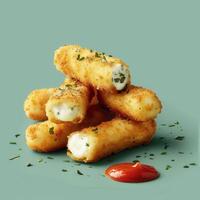 Close-up of crispy cheese sticks with dipping sauce, perfect for snacking or appetizers. photo