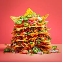 Giant Loaded Nachos with Beef, Cheese, Tomatoes, Onions, and Jalapenos. Delicious Mexican Food for Party Appetizer. photo