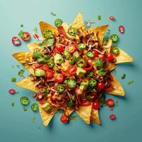 Star shaped loaded nachos with beef, cheese, avocado, jalapenos, and tomatoes on a blue background. photo