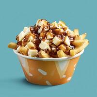 Delicious Poutine in a paper bowl, a Canadian classic dish made with French fries, cheese curds, and gravy. photo