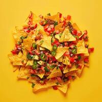 Close-up of homemade nachos with salsa, avocado, jalapenos, and tortilla chips. Delicious Mexican food for snacking or appetizers. photo