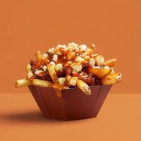 Delicious poutine with fries, cheese curds, and gravy in a brown paper bowl. Classic Canadian dish, perfect for snacking or a meal. photo