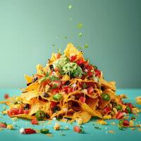 Closeup of a large pile of loaded nachos with guacamole, cheese, jalapenos, tomatoes, onions and cilantro. Mexican food. Restaurant menu image. photo