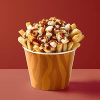 Canadian Poutine with French Fries, Cheese Curds and Gravy in a paper cup. Traditional Fast Food, Comfort Food and Canadian Cuisine photo