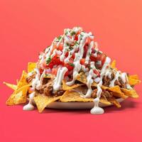 Close up of a large plate of nachos with pulled pork, sour cream, tomatoes, onions and cilantro. Mexican food, appetizers, snacks and finger food. photo