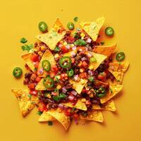 Close up of Mexican nachos with beef, corn, salsa, jalapenos, and cilantro on yellow background. photo