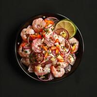 Shrimp ceviche with red onion, chili peppers, lime, cilantro, and a creamy dressing. Delicious and refreshing seafood dish for a healthy and flavorful meal. photo
