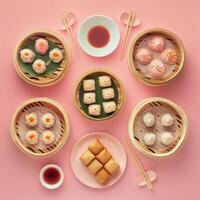 Assortment of delicious Chinese steamed dumplings and fried dumplings with soy sauce photo