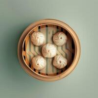 Delicious steamed dumplings in a bamboo steamer basket, Chinese cuisine. Perfect for a meal or snack. photo