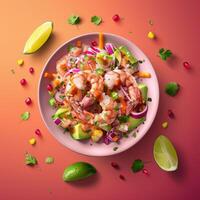 Shrimp ceviche with avocado, onion, lime, cilantro and pomegranate seeds. Top view of a delicious seafood salad with fresh ingredients. photo