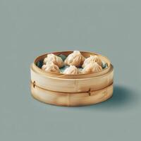 Freshly steamed dumplings in a bamboo steamer. Delicious Chinese food for a family dinner. photo
