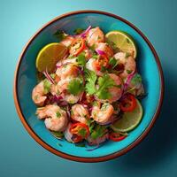 Close up of delicious and refreshing shrimp ceviche with lime, red onion, cilantro, and chili peppers. Fresh seafood salad with bright turquoise bowl. Traditional South American cuisine. photo
