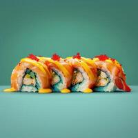 Close-up shot of a colorful sushi roll with orange, blue and yellow colors drizzled with sauce and topped with red tobiko. Japanese cuisine, food, restaurant, menu, dish, salmon, shrimp, seafood. photo