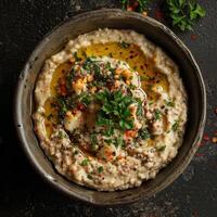 Delicious creamy baba ghanoush with parsley and olive oil. Traditional Middle Eastern eggplant dip. photo