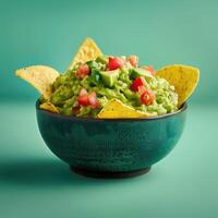 Close-up of a bowl of guacamole with tortilla chips on a turquoise background. Perfect for menus, social media, or recipes for guacamole. photo