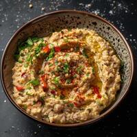 Closeup of creamy white bean dip with red pepper flakes, olive oil and herbs in a bowl, on a dark background. Delicious and healthy vegetarian appetizer or snack photo