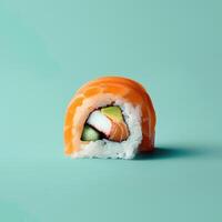 Delicious Salmon Sushi Roll with Avocado, Crab and Cucumber. Closeup Photo of Fresh Sushi on Turquoise Background