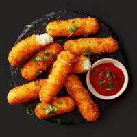 Crispy, golden cheese sticks with marinara dipping sauce. Appetizer, snack, comfort food for party or snack time. photo