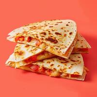 Delicious Crispy Quesadilla with Melted Cheese and Tomato Filling on a Red Background photo