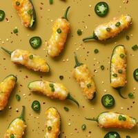 Close up of cheesy jalapeno poppers arranged on a yellow background. Appetizer of fried jalapeno peppers filled with cheese and topped with chives. Spicy, delicious food. photo