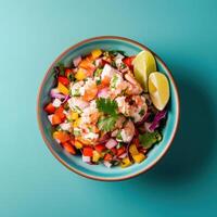 Delicious Shrimp Ceviche Salad with fresh cilantro, lime, and vegetables. photo