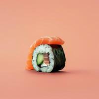 Close up shot of a delicious salmon sushi roll with avocado and cream cheese on a peach colored background. Japanese cuisine, food photography photo