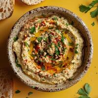 Close-up of creamy hummus with pine nuts, olive oil, and parsley in a bowl with bread slices, a delicious appetizer or healthy snack photo