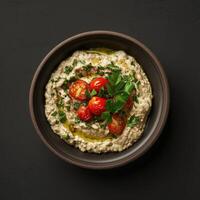 Delicious Middle Eastern Baba Ganoush Dip with Cherry Tomatoes and Parsley. Fresh, creamy, vegan, gluten-free and flavorful. photo