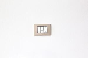 European style wall light switch on a white background. Three sections and dimmer control. Space for copying photo