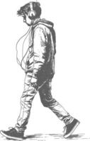 man walking while listening to headset full body with engraving style black color only vector