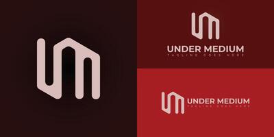 Abstract initial letter UM or MU logo in pastel red color isolated on multiple background colors. The logo is suitable for business consulting group company logo design illustration inspiration vector