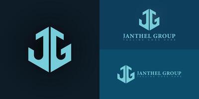 Abstract initial letters JG or GJ logo in blue color isolated on multiple background colors. The logo is suitable for financial services logo design illustration inspiration templates. vector