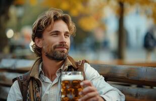 Handsome man in traditional Bavarian attire drinking beer from a large glass while sitting on a bench photo