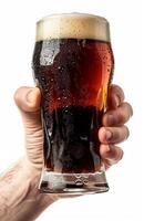 Close up of a man's hand holding a glass with dark beer isolated on a white background photo