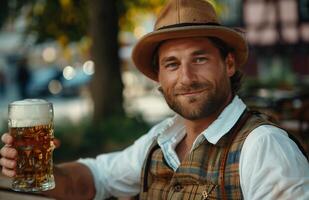 Handsome man in traditional Bavarian attire drinking beer from a large glass while sitting on a bench photo