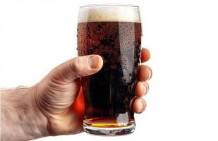 Close up of a man's hand holding a glass with dark beer isolated on a white background photo