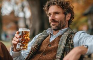 Handsome man in traditional Bavarian attire drinking beer from a large glass while sitting on a bench photo