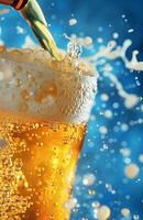 Pouring a glass of golden beer, creating a frothy head, ready to be enjoyed photo