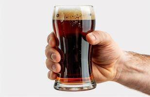Close up of a man's hand holding a glass with dark beer isolated on a white background photo