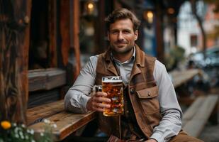 Handsome man in traditional Bavarian attire drinking beer from a large glass while sitting on a bench photo