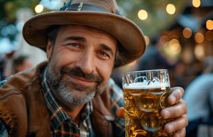 Handsome man in traditional Bavarian attire drinking beer from a large glass while sitting on a bench photo