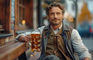 Handsome man in traditional Bavarian attire drinking beer from a large glass while sitting on a bench photo