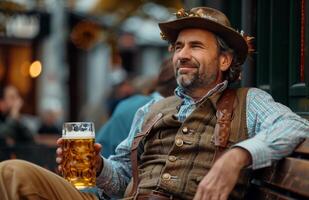 Handsome man in traditional Bavarian attire drinking beer from a large glass while sitting on a bench photo