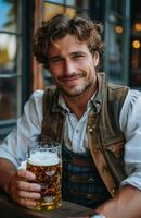 Handsome man in traditional Bavarian attire drinking beer from a large glass while sitting on a bench photo