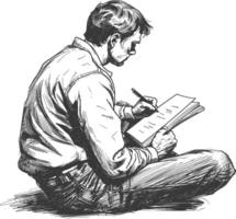 man writing on the book sitting on the floor with engraving style black color only vector