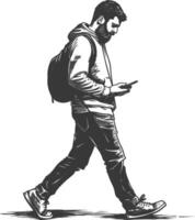 man walking while playing on smartphone full body with engraving style black color only vector