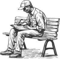 man writing on the book sitting on the park bench with engraving style black color only vector